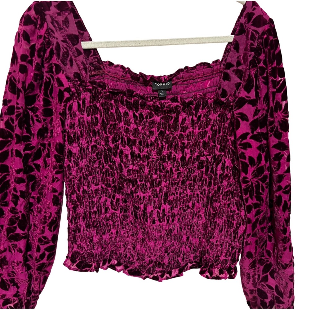 Torrid Velvet Burnout Floral Smocked Milkmaid Puff Sleeve Top Magenta Sz 1X Love